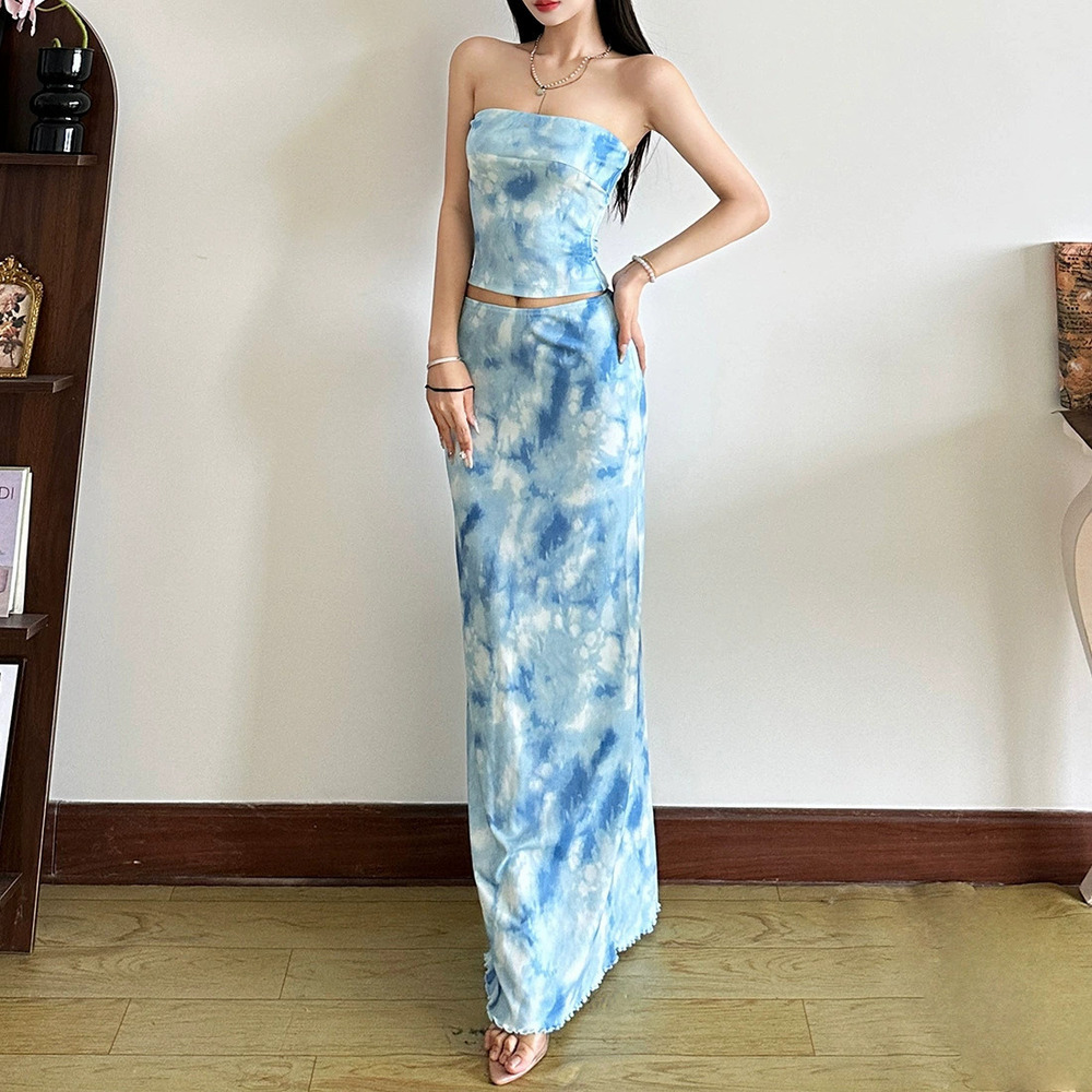 ZARA Summer Blue White Dreamy Ombre Print Vest and Skirt Set